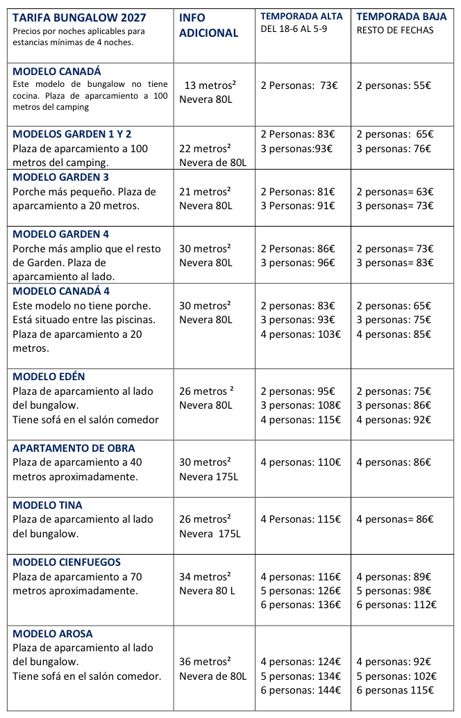 Tarifa de precios bungalows